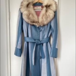 Vintage blue leather & suede striped trench with removable fox fur collar Medium